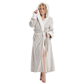 Istylish Plush Robes for Women - Womens Fleece Robes with Hood Long Cozy Bathrobe Soft and Warm Robe Shimmer Beige Medium