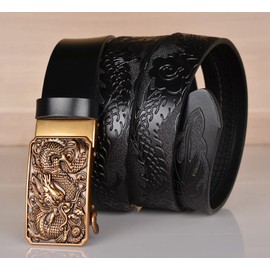 xichuangyuXCY Men's Leather Ratchet Belt Retro Dragon Pattern Eagle Tiger Buckle Carved Casual Business Belt 49 Inches, Black Dragon 1