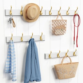 Forbena Gold Coat Rack Wall Mount, Decorative Coat Hooks for Wall, Heavy Duty Coat Hanger Key Holder for Hanging Hats, Coats, Purses, Bags Bathroom, Teen Grils Room (White and Gold, 4 x 4 Hook)