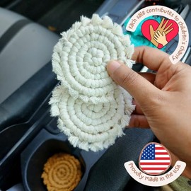 Handmade By Uruba Handmade By Uruba Cotton Car Coasters 2pc Car Cup Coasters Cute car Accessories for Women TIK tok Must Haves 2024 car Coasters for Cup Holders (Vanilla White)