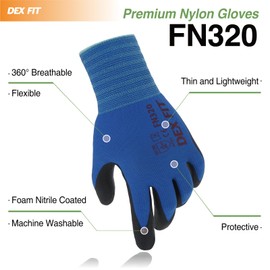 DEX FIT Nitrile Work Gloves FN320, 3D Comfort Stretch Fit, Power Grip, Durable Foam Coated, Thin & Lightweight Premium Nylon, Machine Washable, Blue 6 (XS) 3 Pairs