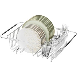 JAQ Over Sink Dish Drying Rack for Medium to Large Sink, Expandable 15.08"–22.4", Adjustable 304 Stainless Steel Dish Drainer with Utensil Holder, Large Capacity Holds Up to 13 Plates