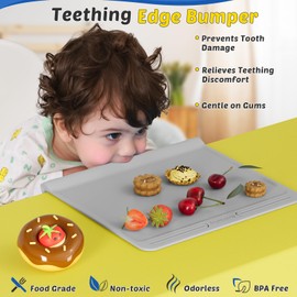 Silicone Placemats for Baby & Kid, Eating Mat with Teething Edge Bumper, Rollable Travel Baby Mat with Built-in Rope, All-in-One Travel Mat for Dining and Activities On-the-Go, BPA Free, 12"x11", Gray