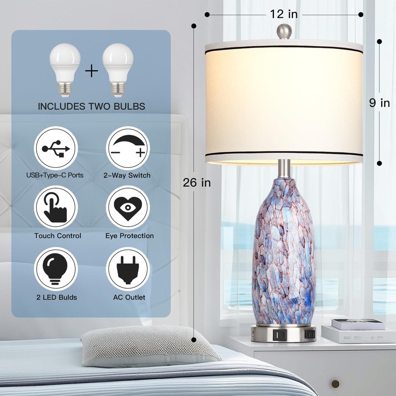 Coastal Lamps with USB A+C Ports & LED Night Light,