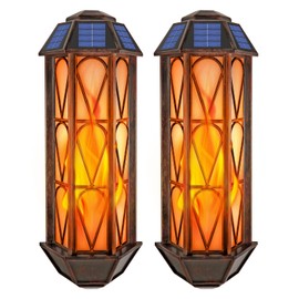 Solar Flame Wall Sconce Lights Outdoor, 74 LED Flickering Flame Sconces, Solar Powered Auto On/Off, Waterproof Wall Lanterns for House Garage Doorway Garden Porch Patio Yard Decoration (2 Pack)
