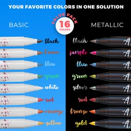Acrylic Paint Pens Brush Tip, 8 Metallic & 8 Basic Colors Acrylic Paint Markers. Set for Rock Painting, Calligraphy, Scrapbooking, Brush Lettering, Card Making, Sketching, Black Paper, DIY Photo Album
