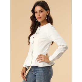 Allegra K Women's Peplum Denim Jackets Collarless Round Neck Button Down Cropped Ruffle Hem Jacket Small White