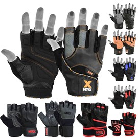 MRX Leather Weight Lifting Gym Gloves Cross Power Lifting Fitness Exercise Bodybuilding Workout with Free Bar Strap Black,Orange(Large)