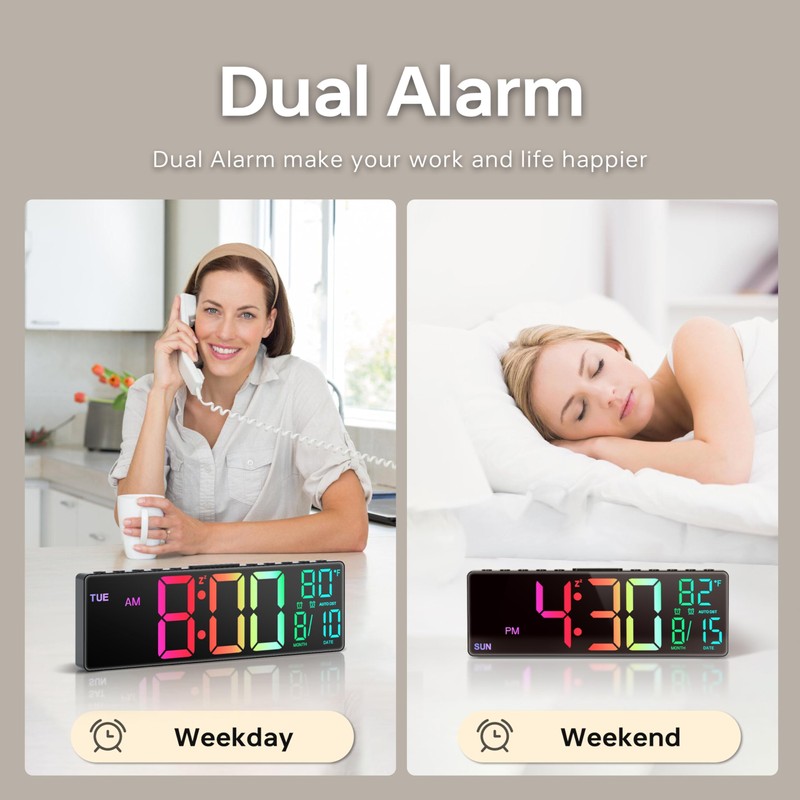 JALL 10.5'' Large Digital Alarm Clock with 8 RGB Colors,