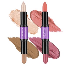 CCbeauty 2pcs 2-IN-1 Shimmer Contour Highlighter Stick with Blush,Cream Dual-End Highlight Bronzer Concealer & Blusher for Cheeks & Lip, Long Lasting Contouring for Face Shaping Makeup, Light-Medium