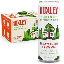 Huxley Superfruit Energy Drink, Strawberry, 90mg Natural Caffeine, Electrolytes for Hydration, 100% Real Ingredients, 5g Organic Cane Sugar, No Artificial Sweeteners or Flavors, L-theanine for Sustained Energy, Better For You, 12 oz (Pack of 12)