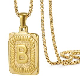 HIJONES Stainless Steel Initial Pendant Necklace for Women Men Hip Hop Gold Capital Alphabet Chain Square Charm Rolo Chain Letter B
