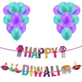 HBYDO Happy Diwali Banner, Diwali Decorations Items with Balloons, Diwali Bunting for Indoor Diwali Party Decoration Supplies