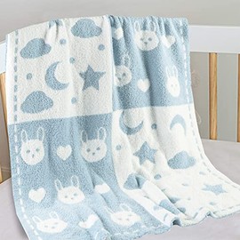 Kid Nation Baby Super Soft Bed Blanket, Cute Bunny Moon Star Pattern Receiving Swaddling Blanket for Baby Girl & Baby Boy Crib Stroller, Baby Llue, 30 x 40 in
