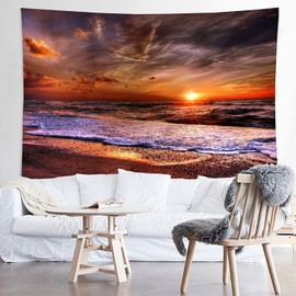 Beach Sunrise Orang Print Fabric Tapestry Decorative Wall Art Tablecloth Bedspread Picnic Blanket Beach Throw Blanket for Bedroom Hall Dormitory Living Room Hanging 59 x 51 Inches