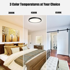 DODOPEN Black Flush Mount Ceiling Light 12inch, 2400LM Low Profile Ceiling Light Fixture, 3000K/4500K/6500K 3 Color Selectable Hardwire Light Fixture, 24W Round Flat Ceiling Lamp for Bedroom, Kitchen