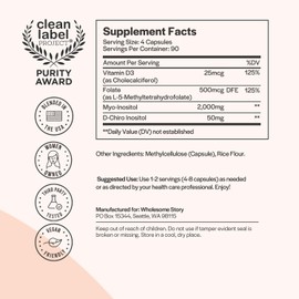 Wholesome Story Myo-Inositol & D-Chiro Inositol Capsules with MTHF, Folate, Vitamin D | Support for Ovarian Function, Hormone Balance, & Homocysteine Levels | Fertility Supplements for Women | 360 Count 40:1 Ratio