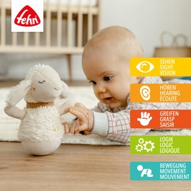 Fehn Mini Standing Sheep Natural - Funny Motor Skills Toy Made of Organic Cotton (kbA) for Gripping, Buttoning, Feeling and Poking - For Babies and Toddlers from 0+ Months