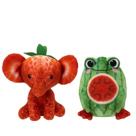 FOODIBLES Strawberry Elephant & Watermelon Frog soft cuddly plush toys, these twin pack stuffed animal toys are 10cm tall per teddy bear, Red
