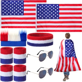 Mepase 2 Set of 4th of July Costume Adult 4th of July Accessories Include American Flag Cape Red White Blue Wristbands Headbandpatriotic Sunglasses for Independence Day Party Dress, 10 Pcs in Total
