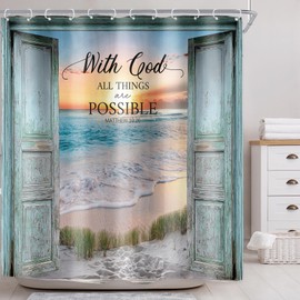 Riyidecor Barn Door Bible Verse Shower Curtain for Bathroom Decor 72Wx72H Christian Scripture Teal Beach Ocean Sea Coastsl Nautical Sunset Art Printed Fabric Polyester Waterproof 12 Pack Plastic Hook