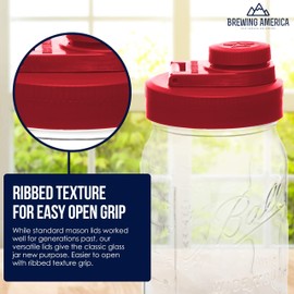 Brewing America Glass Mason Jar Pitcher with Lid - Ball Jars, 1 Quart (32 oz) with Old Glory Red Wide Mouth Mason Jar Pour Lid, for Smoothie, Boba Cup, Sun Tea Jar, Cold Coffee Glass Tumbler, 2-Pack