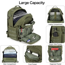Tzowla Tactical Military Grade Backpack Waterproof,Travel Laptop Army Molle Rucksack for Men and Women with Small Detachable Bag,Army 3 Days Assault Pack Bag,Army Green
