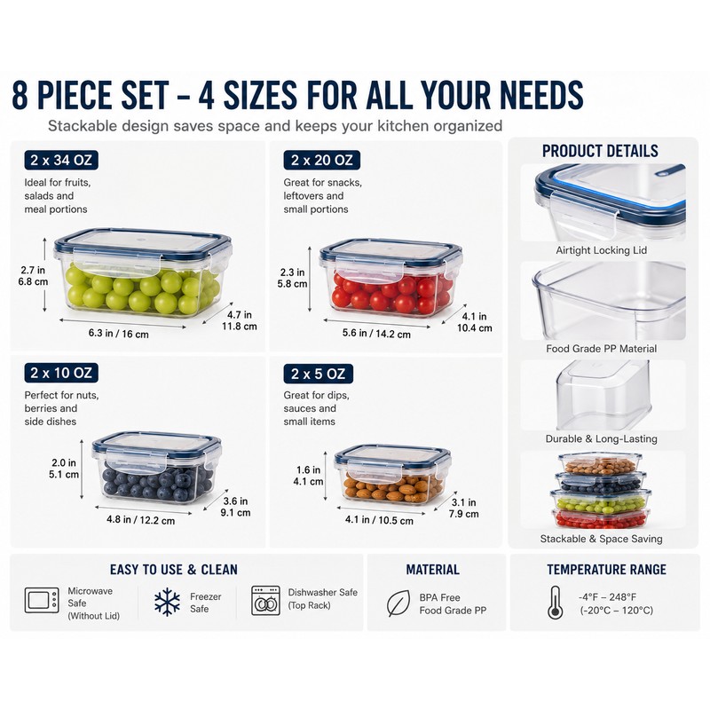 Pack-8 BPA-Free Airtight Food Containers with Locking Lids - Clear
