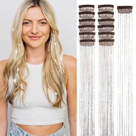 12 Stück Silber Glitzer HaarsträHnen,Silberne Hair Tinsel,Silberne Haarlametta zum Einklipsen,Glitzer Haarverlängerungs,Silbern Clip-in Haarsträhnen,Silbern Strähnen für Damen Festival Party (Silber)