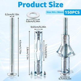 GBACHOOSE Pack of 150 Heavy Duty Anchors, M4 x 45 mm, Galvanised Heavy Duty Dowels, Stainless Steel, Cavity Dowels, Heavy Duty Bolt Anchors, Wedge Anchors, Anchor Bolts, Flash Dowels for Drywall