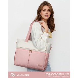 LOVEVOOK Work Bags for Women 15.6 Inch Work Tote Bags with Laptop Compartment Large Capability Laptop Purse Professional Teacher Tote Bag Casual Computer Briefcase for Office Travel Nurse, Pink Beige