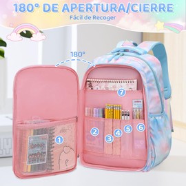 Nasjac Mochilas Escolares para Niñas de Primaria, 9 Piezas Gran Capacidad Mochila Infantil Adolescentes con Fiambrera y Estuche, Impermeable Bolsa Escolar para Niños (Azul-Mariposa Arco Iris)