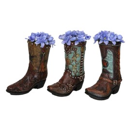 Ebros Gift Rustic Country Turquoise Cross Western Star and Frills Brown Faux Tooled Leather Cowgirl Cowboy Boot Decorative Flower Bouquet Vase Or Planter Figurine 7" H Southwestern Accent