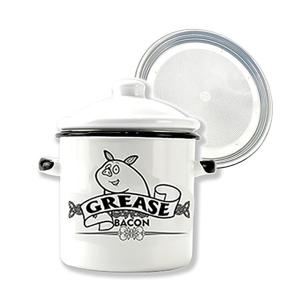 Roadmap 1.5L White Enamel Bacon Grease Container with Strainer, Grease