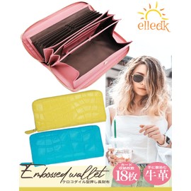 elledk Women's Long Wallet, Large Capacity, Popular, Genuine Leather, Coin Through, Round Zipper, Coin Purse, Chabara, Yellow Croc Embossed