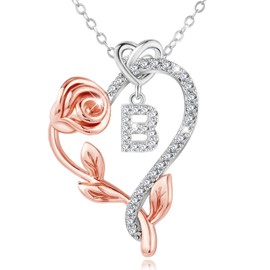 SNZM Initial Necklaces for Women-925 Sterling Silver Rose Heart Letter Pendant Necklace with 5A Cubic Zirconia Dainty Jewelry Birthday Christmas Gifts for Daughter Wife Mum