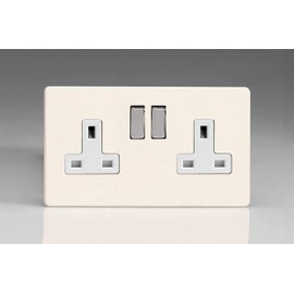 Varilight Primed Ready to Paint Flat Plate Screwless 2 Gang 13 Amp Switched Plug Socket - White Inserts, 86x147x32mm