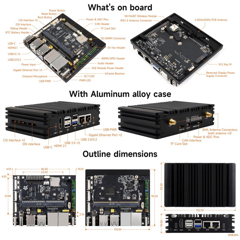 waveshare Luckfox Core3576 Edge Computing Development Board, Rockchip RK3576 Octa-Core