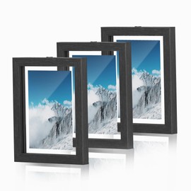 SONGMICS Picture Frames, Set of 3 Floating Photo Frames for 4 x 6, 5 x 7, 6 x 8 Inch Pictures, with Double Glass, for Tabletop Display or Wall Hanging, MDF, Black RPF357B01