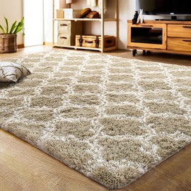 LOCHAS Luxury Shag Area Rug 8x10 Feet Geometric Plush Fluffy Rugs, Extra Soft Carpet Moroccan Rugs for Bedroom Living Room Dorm Kids, High Pile Shaggy Floor Rug Decor, Beige/White