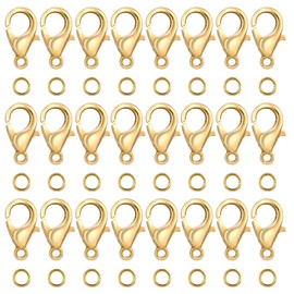 Grevosea 300PCS Lobster Claw Clasps with Open Jump Rings 12mm Metal Lobster Clasps for DIY Craft Bracelet Jewelry Making (Gold, Clasp: 12x7mm+Ring:5mm)
