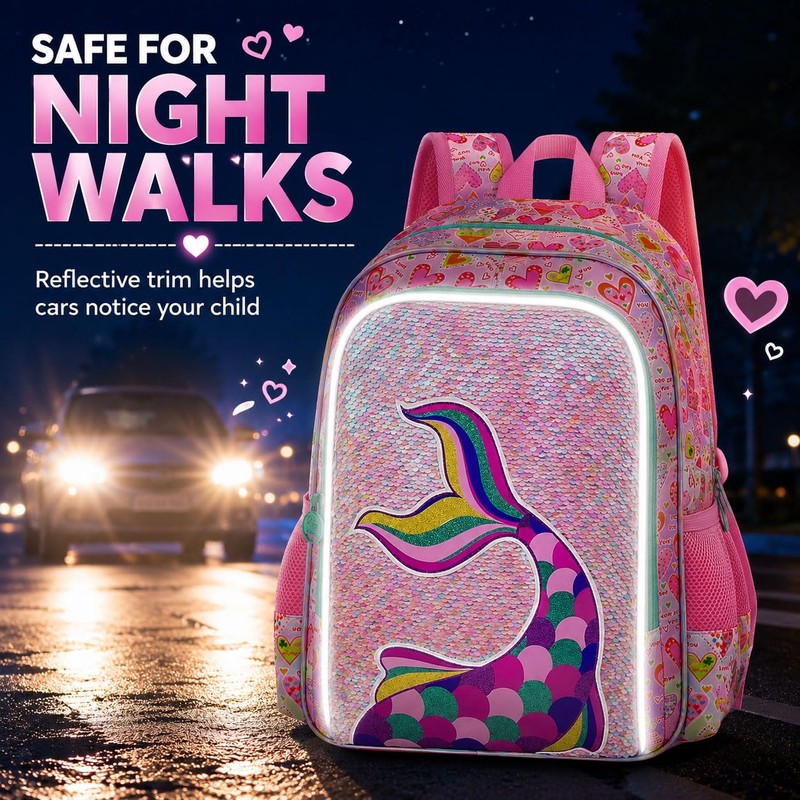 CCJPX 16" Mermaid Backpack for Girls, 3Pcs Kids Sequin Bookbag