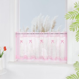 Yujiao Mao Net Curtain Small Window Transparent Pink with Bow 1 Piece Modern Style Kitchen Nursery Living Room Width 140 x 30 cm