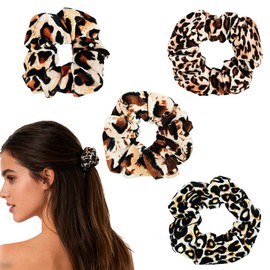 4pcs Cheetah Scrunchie Hair Ties Ropes Elastic Lagre animal print velvet Leopard Scrunchies for Women Girls Pony Tails and Buns