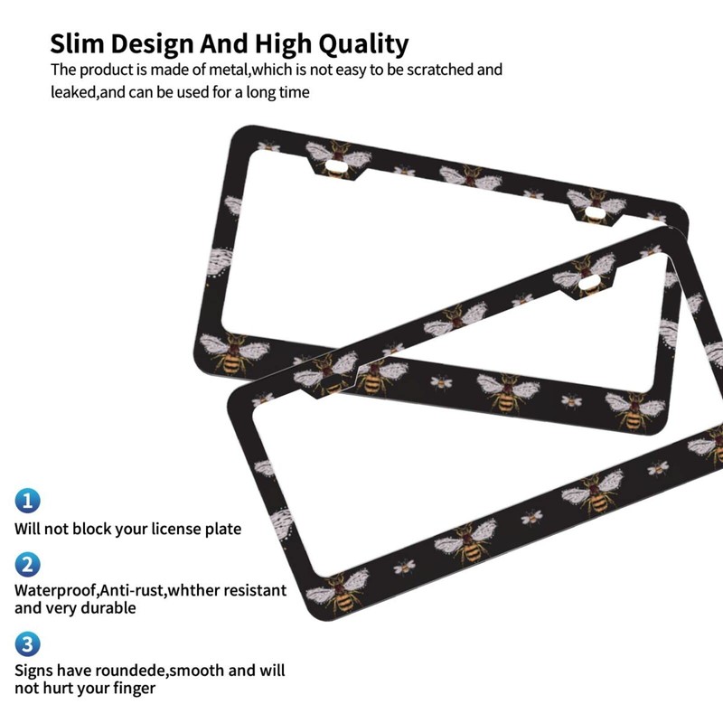 Delerain Funny Honey Bee 2Pcs License Plate Frame, Aluminum Metal