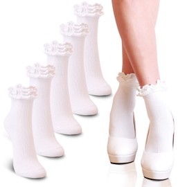 Youneedthat Women's Double Ruffle Frilly Ankle, Crew Socks - Made in Korea Lettuce Trim Big Girls (Pack of 3/5) - WHITE