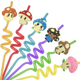 24pcs Mushroom Drinking Straws - Reusable, Translucent, and Fun Party Decorations for Kids and Adults - for Mushroom Party Favors,Birthday Party Supplies, with Cleaning Brushes