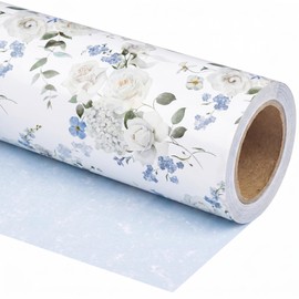 WRAPLULU Floral Wedding Wrapping Paper Roll - 17.5 Inches * 26 Ft. - Reversible White Blue Rose and Hydrangea Design, Flower Gift Wrap, Perfect for Wedding, Bridal Shower, Anniversary, Birthday