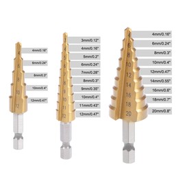 uxcell Step Drill Bits Set HSS 3-12mm 4-12mm 4-20mm Titanium Coated Straight Flutes Hex Shank for Metal Wood Plastic