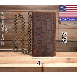 F&L CLASSIC RFID Blocking Mens Tri-fold Long Style Cowhide Leather Steel Chain Wallet,Black